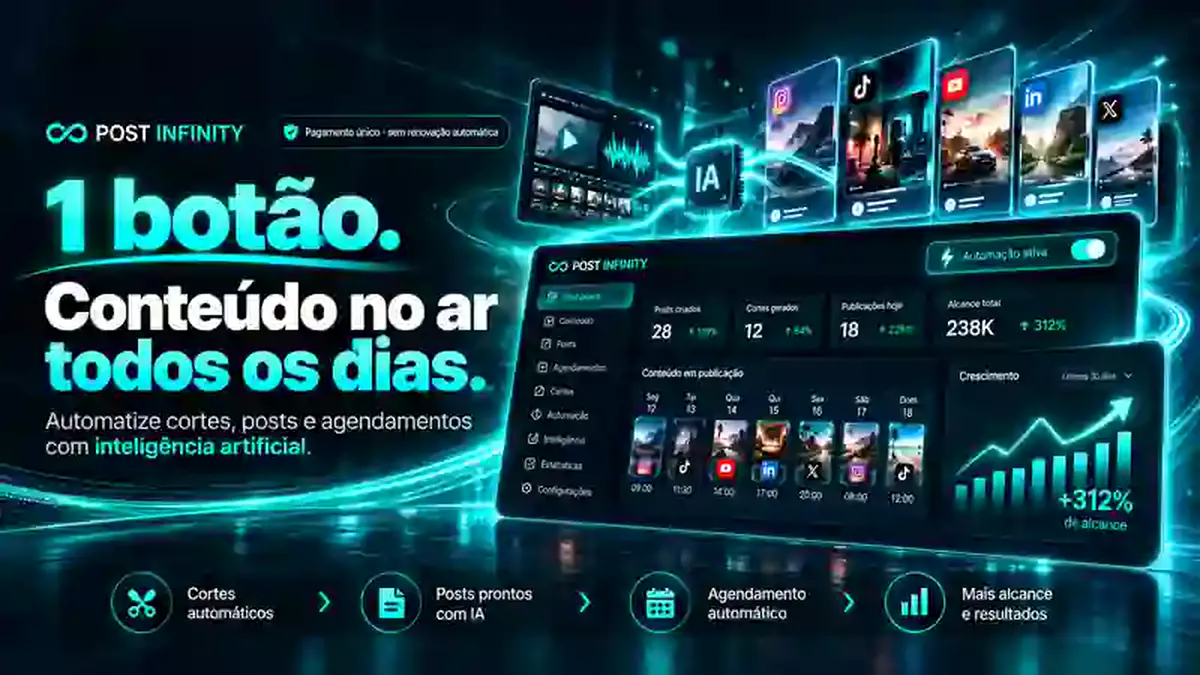 POST INFINITY: 1 botão, conteúdo no ar todos os dias. Automatize cortes, posts e agendamentos com inteligência artificial.